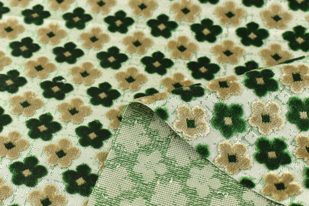 Heavy Weight Textured Floral Cut Velvet Upholstery Fabric Green Beige|Vintage Fabric for Chair|Style Raised Pattern|Interior Designer Fabric