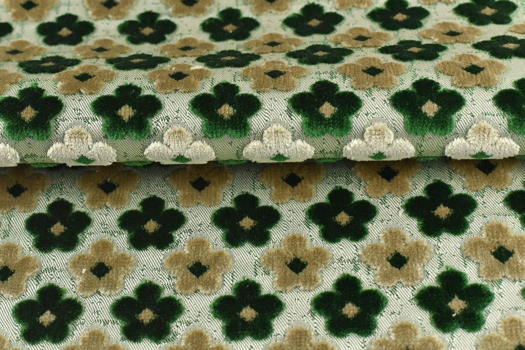 Heavy Weight Textured Floral Cut Velvet Upholstery Fabric Green Beige|Vintage Fabric for Chair|Style Raised Pattern|Interior Designer Fabric