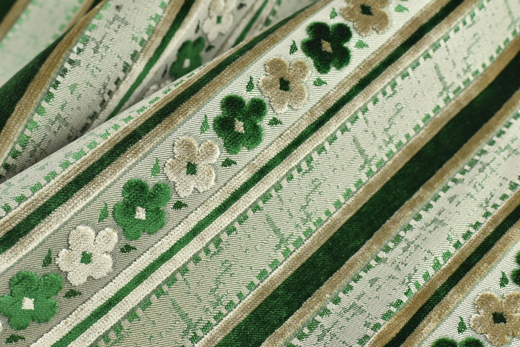 Heavy Weight Green Floral and Striped Geometric Cut Velvet Upholstery Fabric|Vintage Style Raised Pattern Interior Designer Fabric