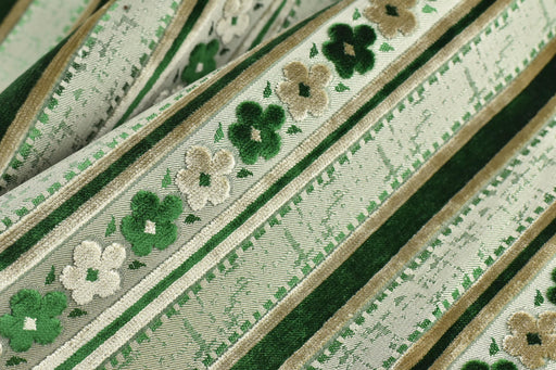 Heavy Weight Green Floral and Striped Geometric Cut Velvet Upholstery Fabric|Vintage Style Raised Pattern Interior Designer Fabric