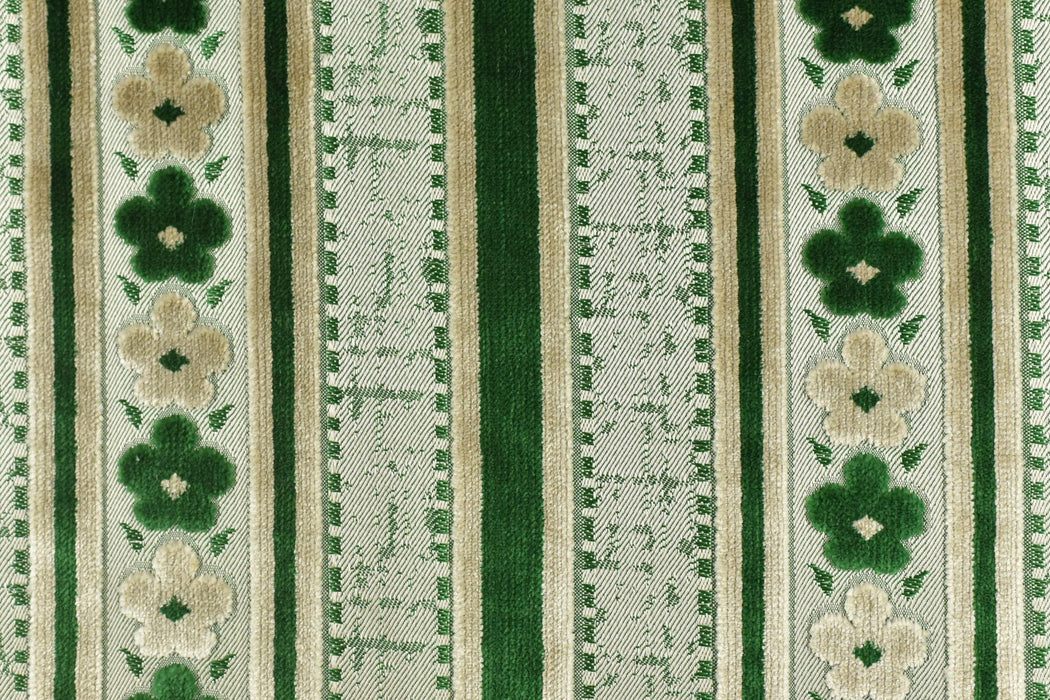 Heavy Weight Green Floral and Striped Geometric Cut Velvet Upholstery Fabric|Vintage Style Raised Pattern Interior Designer Fabric