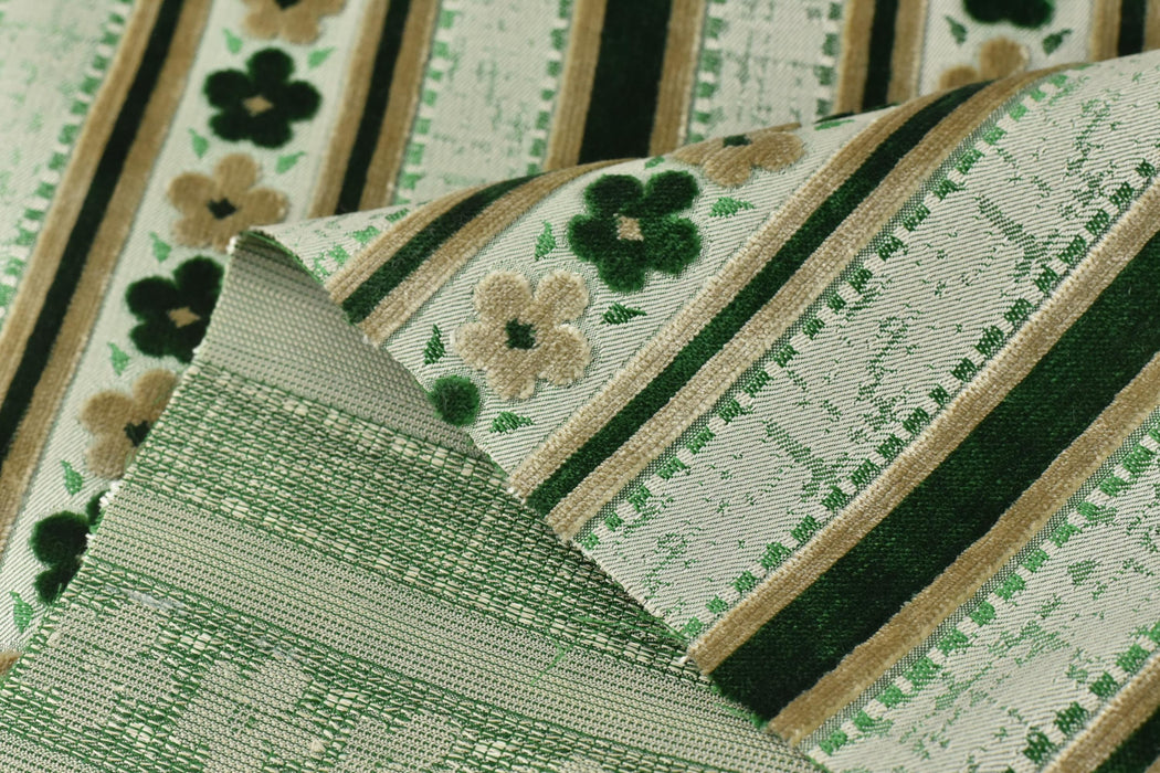 Heavy Weight Green Floral and Striped Geometric Cut Velvet Upholstery Fabric|Vintage Style Raised Pattern Interior Designer Fabric