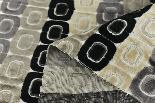 Heavy Weight Milti-Colored Black Cream Grey MCM Circular Geometric Raised Cut Velvet Upholstery Fabric for Chair|Vintage Furniture Fabric
