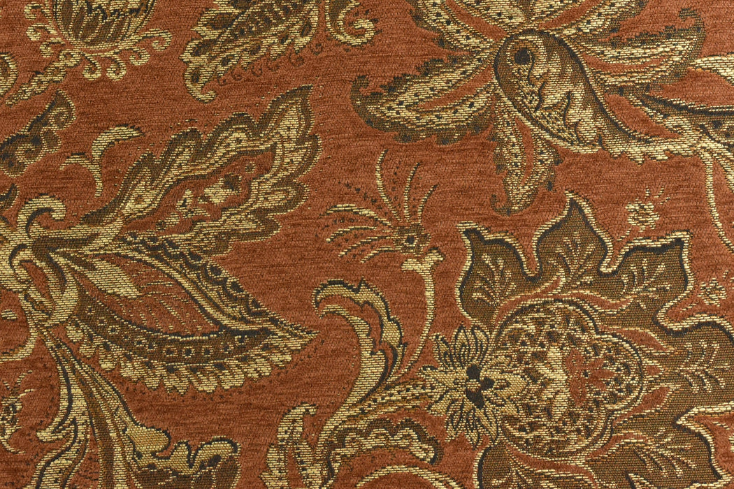 Heavy Weight Mid Century Modern Vintage Floral Chenille Upholstery Fabric For Chair|Retro Brick Red Gold Durable Farmhouse Furniture Fabric