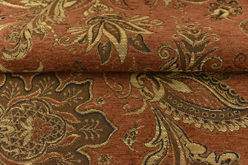 Heavy Weight Mid Century Modern Vintage Floral Chenille Upholstery Fabric For Chair|Retro Brick Red Gold Durable Farmhouse Furniture Fabric