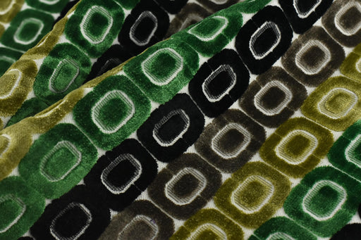 Heavy Weight Milti-Colored Green Black Grey MCM Circular Geometric Raised Cut Velvet Upholstery Fabric for Chair|Vintage Furniture Fabric