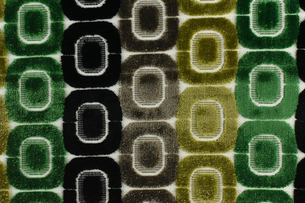 Heavy Weight Milti-Colored Green Black Grey MCM Circular Geometric Raised Cut Velvet Upholstery Fabric for Chair|Vintage Furniture Fabric