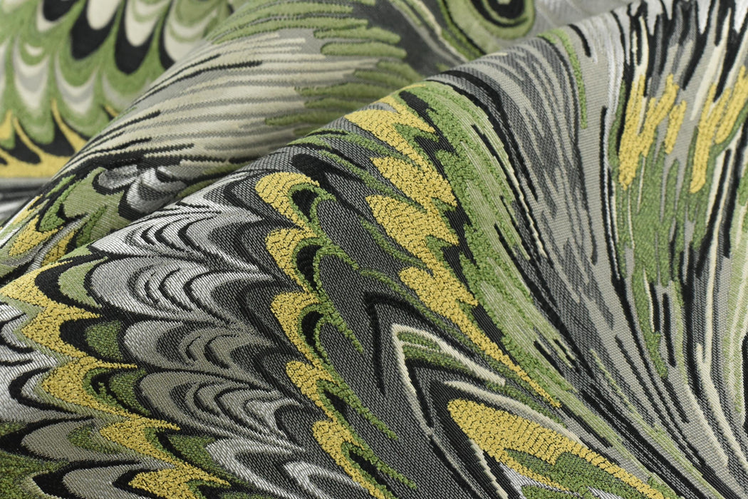Heavy Weight Vintage Weavy Bird Feather Jacquard Upholstery Fabric For Chair|Abstract Geometric Animal Feather Design Green Yellow Black