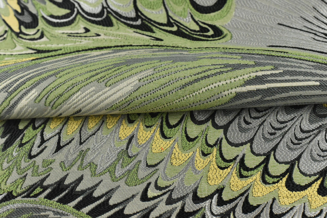 Heavy Weight Vintage Weavy Bird Feather Jacquard Upholstery Fabric For Chair|Abstract Geometric Animal Feather Design Green Yellow Black