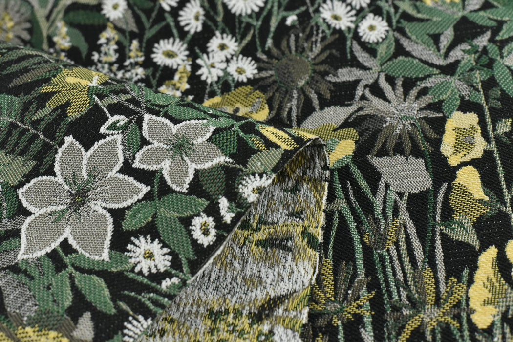 Heavy Weight Vintage Green Yellow White Botanical Floral Upholstery Fabric For Chair Ottoman|Wild Garden Natural Flower Home Decor Fabric