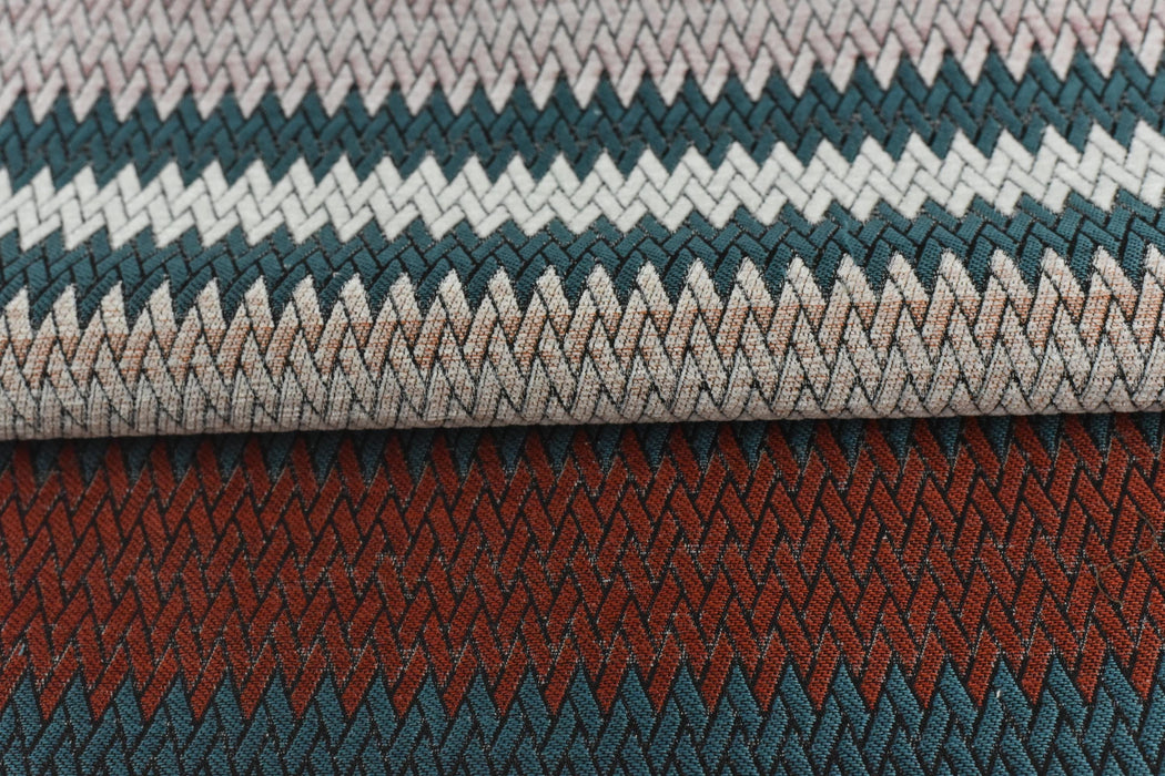 Heavy Weight Teal Green Geometric Chevron Stripe Woven Upholstery Fabric|Bohemian Textured Zig-Zag for Chair|Durable Designer Fabric by Yard