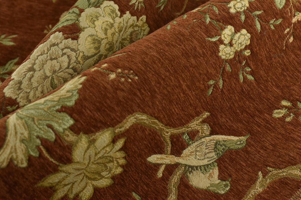 Heavy Weight Mid Century Modern Rust and Green Bird Floral Chenille Upholstery Fabric For Chair|Botanical Animal Flower Furniture Fabric