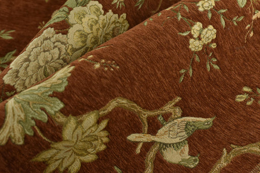 Heavy Weight Mid Century Modern Rust and Green Bird Floral Chenille Upholstery Fabric For Chair|Botanical Animal Flower Furniture Fabric