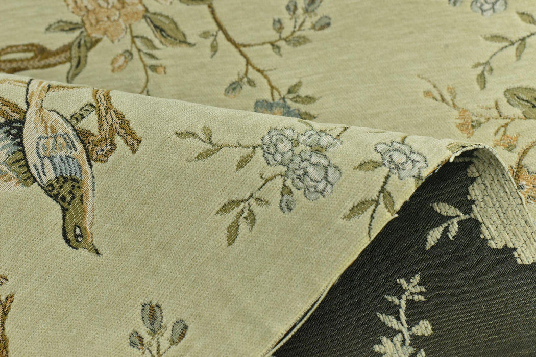 Heavy Weight Mid Century Modern Pale Sage Green Bird Floral Chenille Upholstery Fabric For Chair|Botanical Animal Flower Furniture Fabric