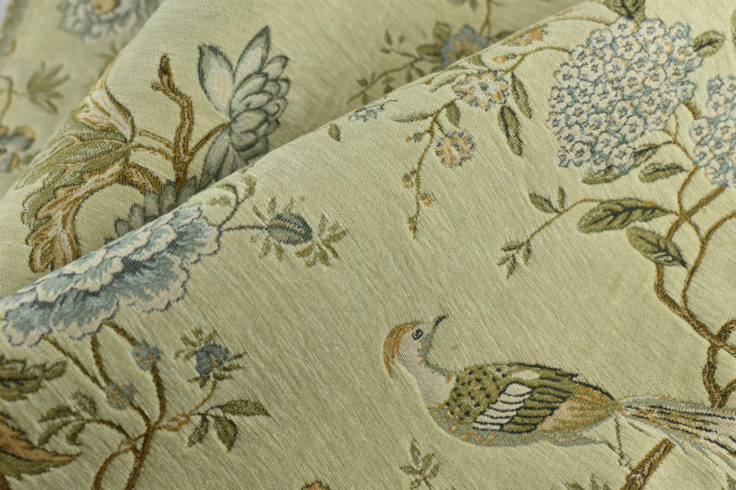 Heavy Weight Mid Century Modern Pale Sage Green Bird Floral Chenille Upholstery Fabric For Chair|Botanical Animal Flower Furniture Fabric