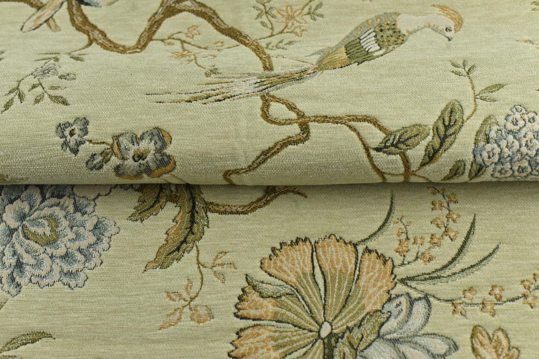 Heavy Weight Mid Century Modern Pale Sage Green Bird Floral Chenille Upholstery Fabric For Chair|Botanical Animal Flower Furniture Fabric