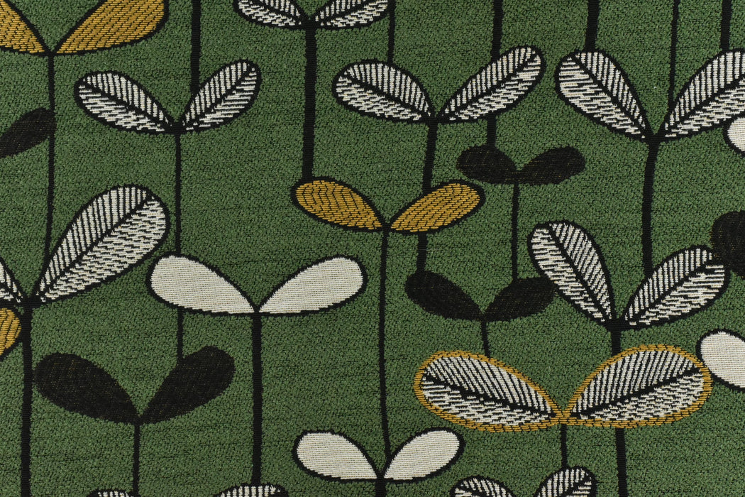 Heavy Weight Green Botanical Sprouting Leaves Upholstery Fabric|Vintage Floral Black White Mustard|Modern Nature-Inspired Fabric By Yard