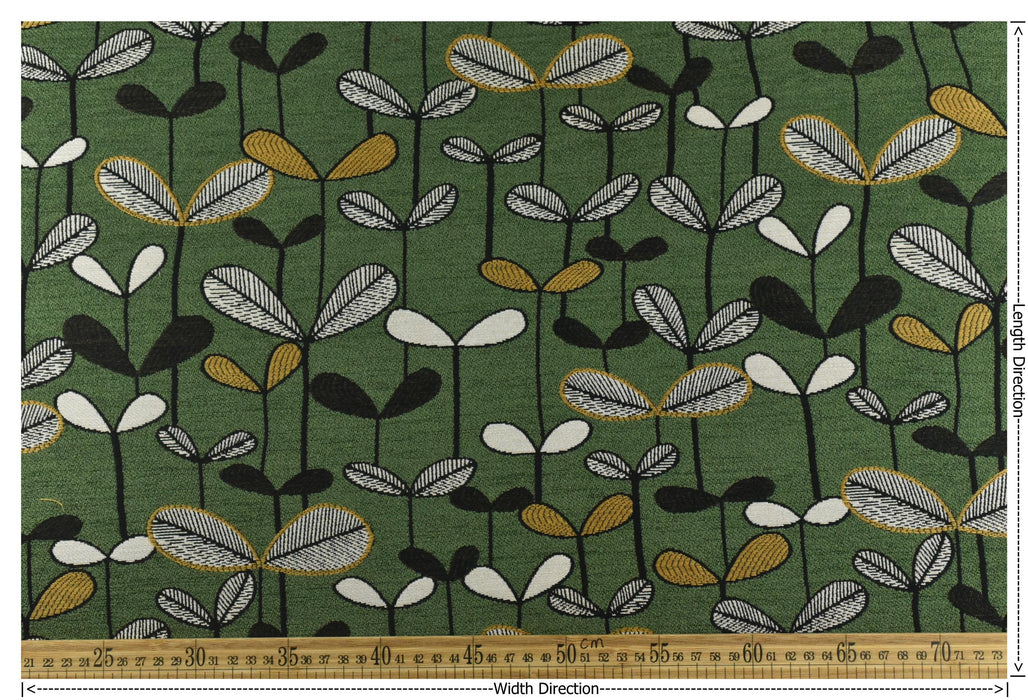 Heavy Weight Green Botanical Sprouting Leaves Upholstery Fabric|Vintage Floral Black White Mustard|Modern Nature-Inspired Fabric By Yard
