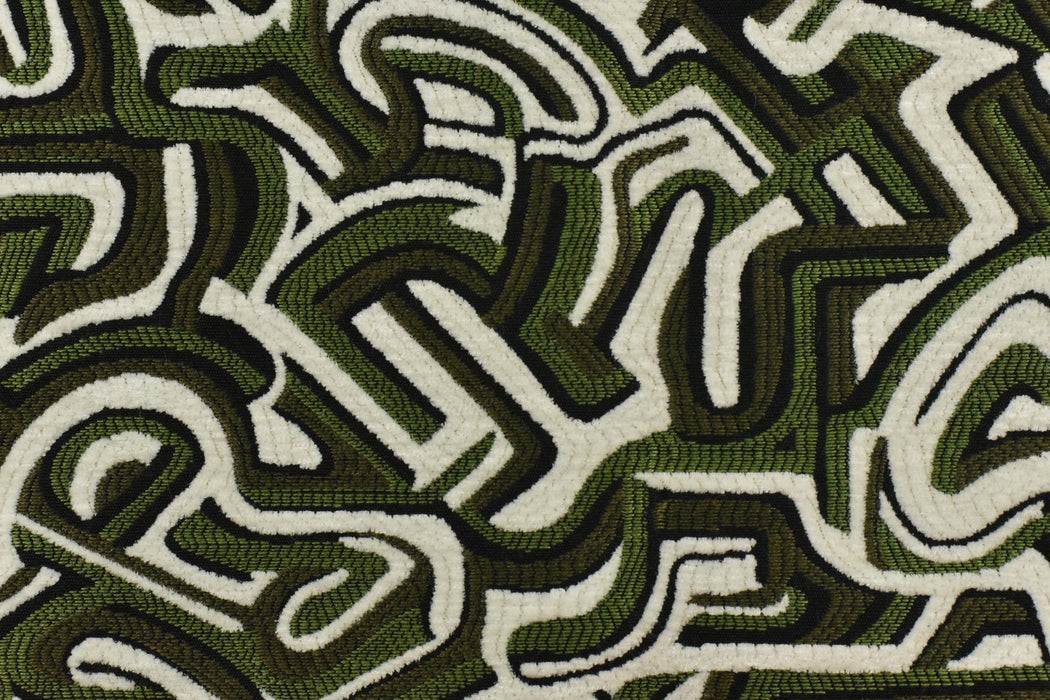 Heavy Weight Olive Green Black White Abstract Labyrinth Upholstery Fabric|Geometric Maze Pattern for Chair|Modern Designer Fabric By Yard