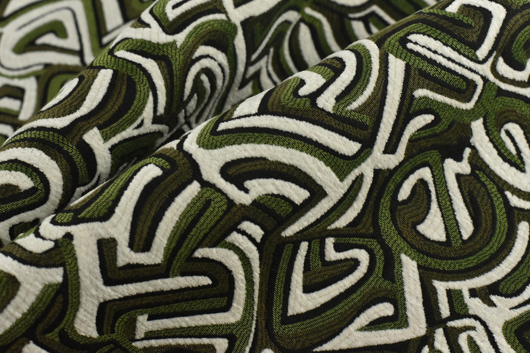 Heavy Weight Olive Green Black White Abstract Labyrinth Upholstery Fabric|Geometric Maze Pattern for Chair|Modern Designer Fabric By Yard