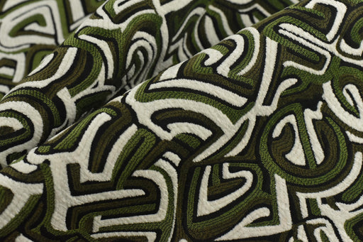 Heavy Weight Olive Green Black White Abstract Labyrinth Upholstery Fabric|Geometric Maze Pattern for Chair|Modern Designer Fabric By Yard