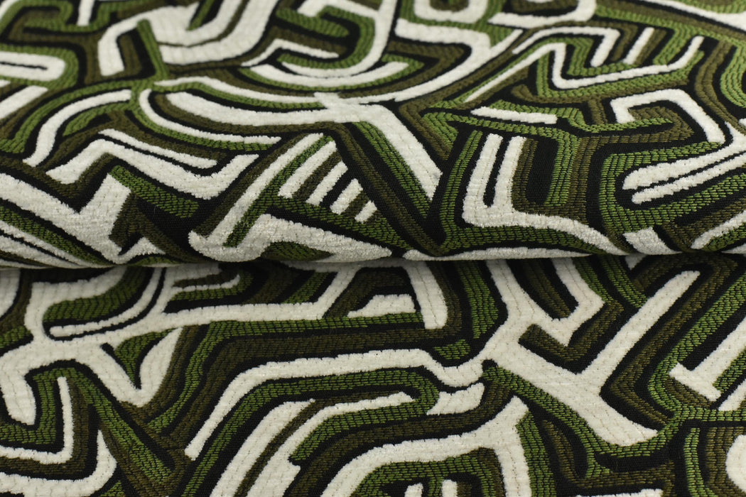 Heavy Weight Olive Green Black White Abstract Labyrinth Upholstery Fabric|Geometric Maze Pattern for Chair|Modern Designer Fabric By Yard
