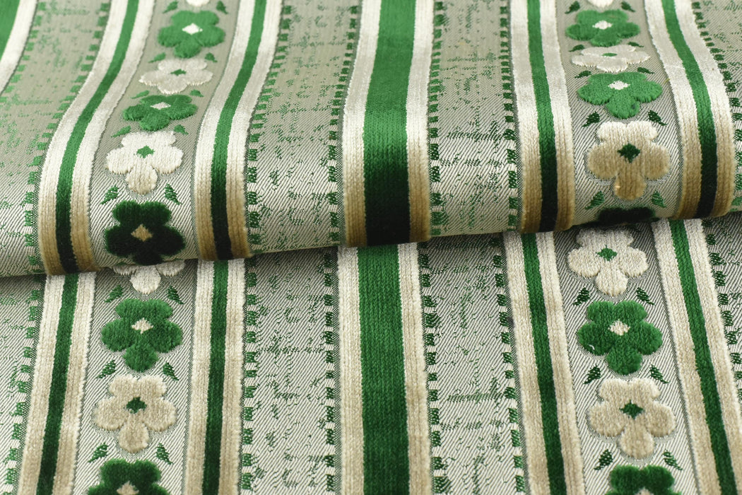 Heavy Weight Green Floral and Striped Geometric Cut Velvet Upholstery Fabric|Vintage Style Raised Pattern Interior Designer Fabric