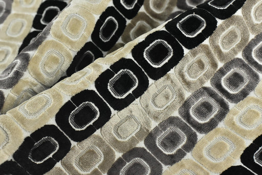 Heavy Weight Milti-Colored Black Cream Grey MCM Circular Geometric Raised Cut Velvet Upholstery Fabric for Chair|Vintage Furniture Fabric