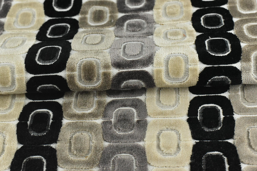 Heavy Weight Milti-Colored Black Cream Grey MCM Circular Geometric Raised Cut Velvet Upholstery Fabric for Chair|Vintage Furniture Fabric