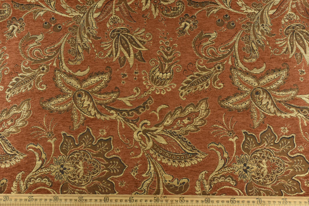 Heavy Weight Mid Century Modern Vintage Floral Chenille Upholstery Fabric For Chair|Retro Rust Gold Durable Farmhouse Furniture Fabric