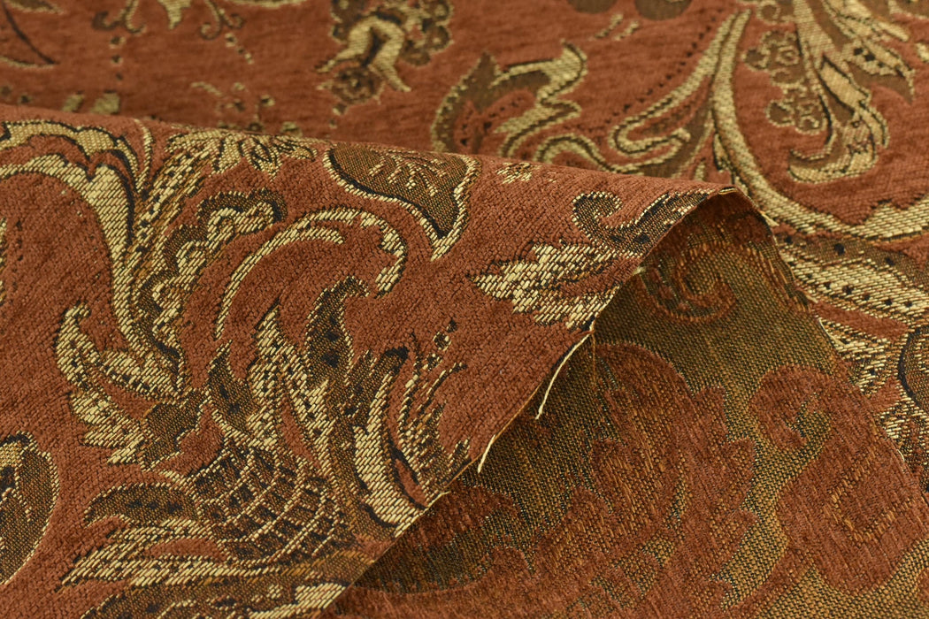 Heavy Weight Mid Century Modern Vintage Floral Chenille Upholstery Fabric For Chair|Retro Brick Red Gold Durable Farmhouse Furniture Fabric