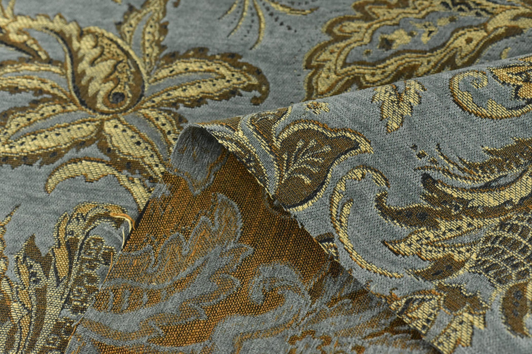 Heavy Weight Mid Century Modern Vintage Floral Chenille Upholstery Fabric For Chair|Retro Blue Gold Durable Farmhouse Furniture Fabric