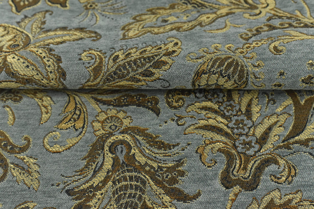 Heavy Weight Mid Century Modern Vintage Floral Chenille Upholstery Fabric For Chair|Retro Blue Gold Durable Farmhouse Furniture Fabric