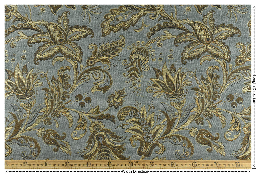 Heavy Weight Mid Century Modern Vintage Floral Chenille Upholstery Fabric For Chair|Retro Blue Gold Durable Farmhouse Furniture Fabric