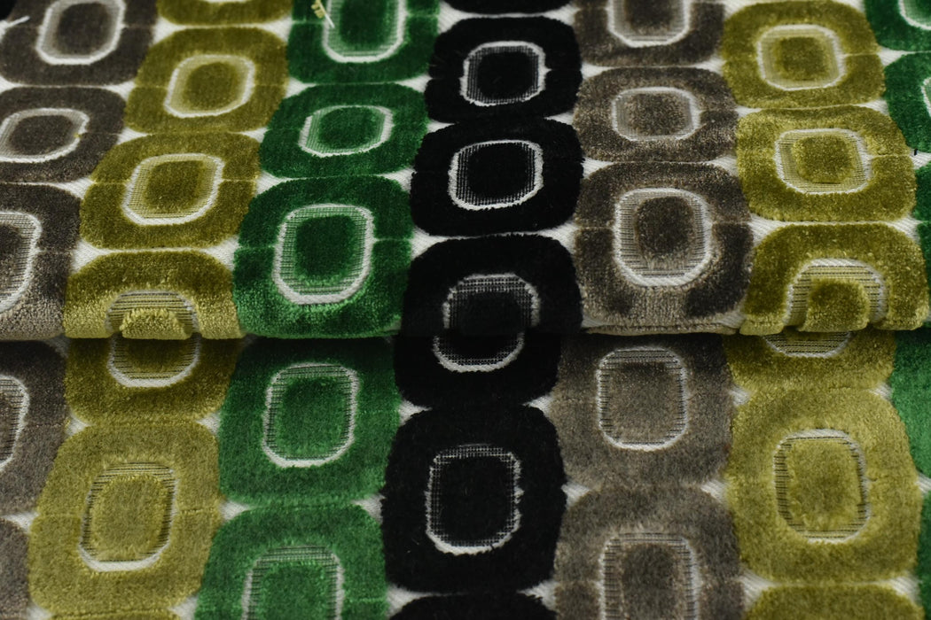 Heavy Weight Milti-Colored Green Black Grey MCM Circular Geometric Raised Cut Velvet Upholstery Fabric for Chair|Vintage Furniture Fabric