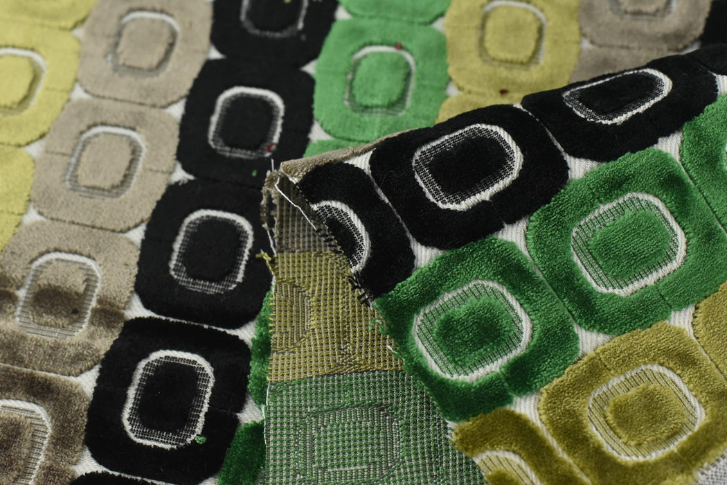 Heavy Weight Milti-Colored Green Black Grey MCM Circular Geometric Raised Cut Velvet Upholstery Fabric for Chair|Vintage Furniture Fabric