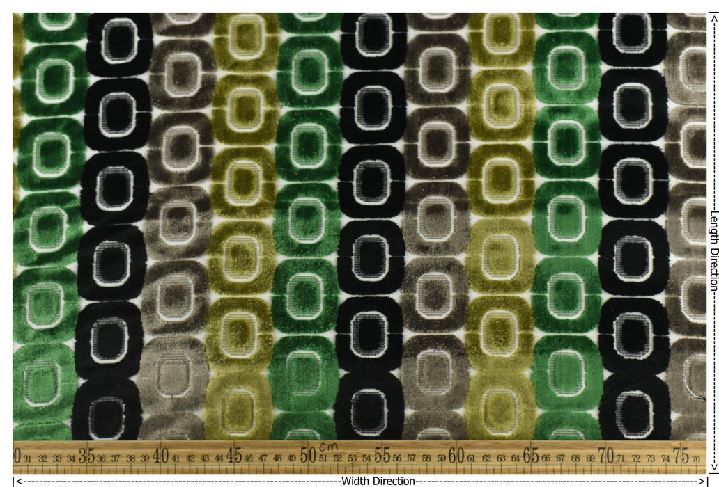 Heavy Weight Milti-Colored Green Black Grey MCM Circular Geometric Raised Cut Velvet Upholstery Fabric for Chair|Vintage Furniture Fabric