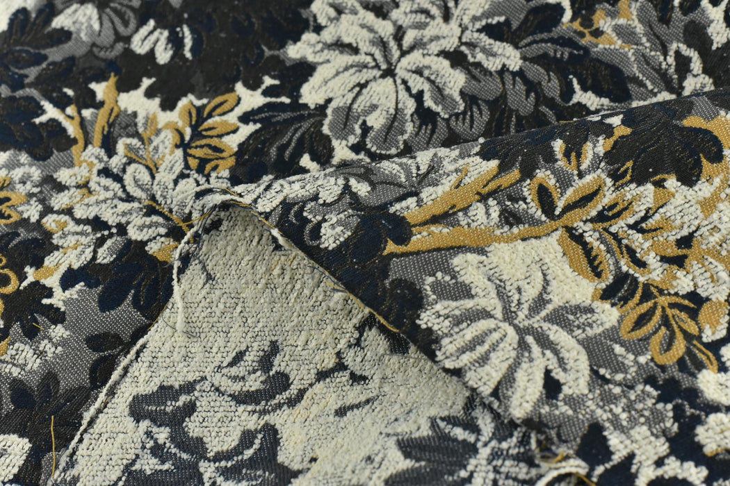 Heavy Weight Botanical Tapestry Upholstery Fabric For Chair|Charcoal Navy Cream Floral Foliage with Golden Yellow|Designer Fabric By Yard