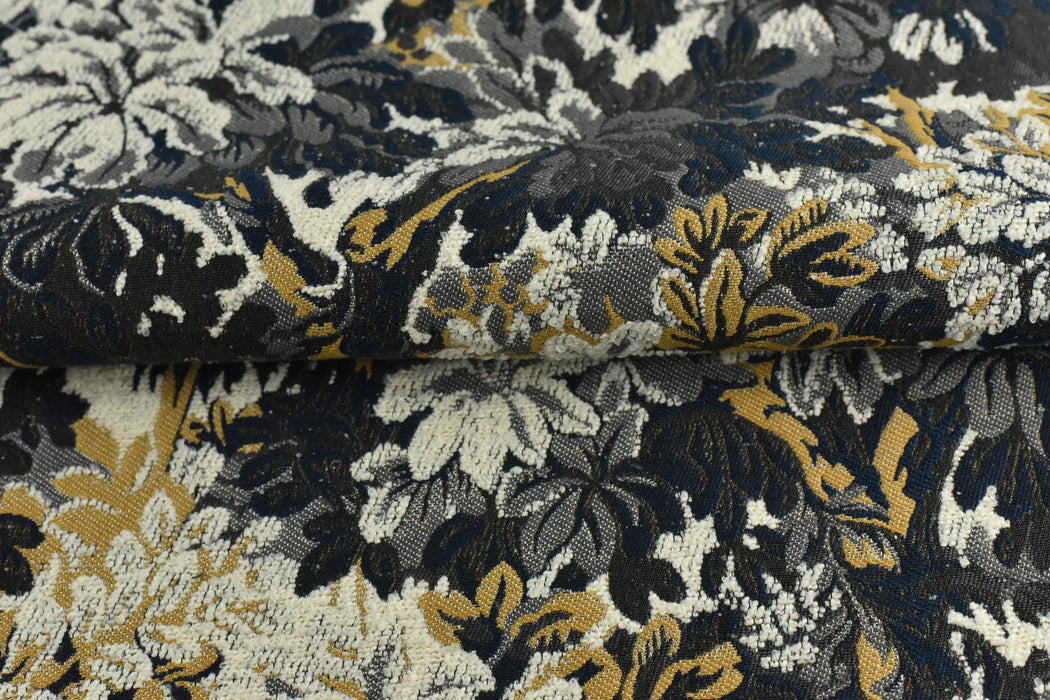 Heavy Weight Botanical Tapestry Upholstery Fabric For Chair|Charcoal Navy Cream Floral Foliage with Golden Yellow|Designer Fabric By Yard