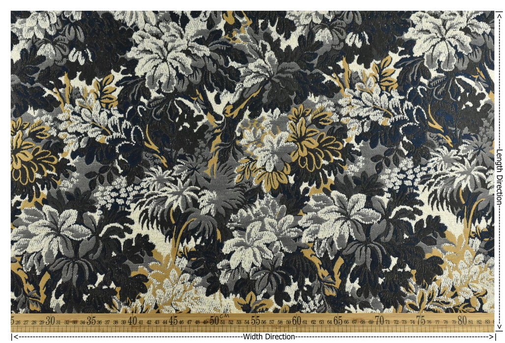 Heavy Weight Botanical Tapestry Upholstery Fabric For Chair|Charcoal Navy Cream Floral Foliage with Golden Yellow|Designer Fabric By Yard