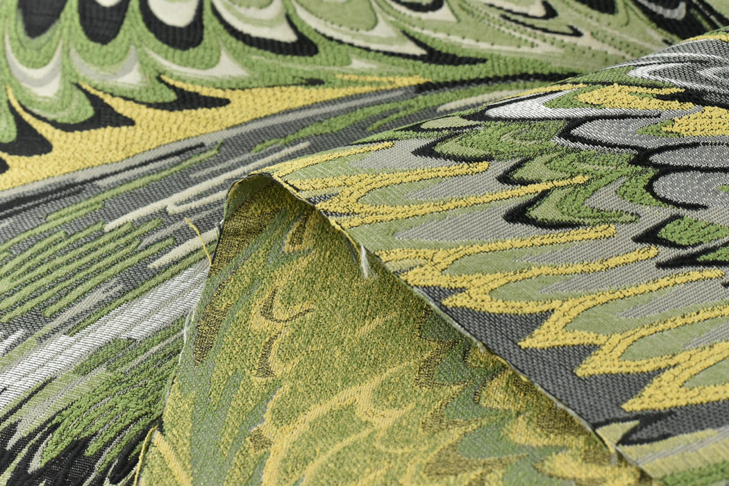 Heavy Weight Vintage Weavy Bird Feather Jacquard Upholstery Fabric For Chair|Abstract Geometric Animal Feather Design Green Yellow Black
