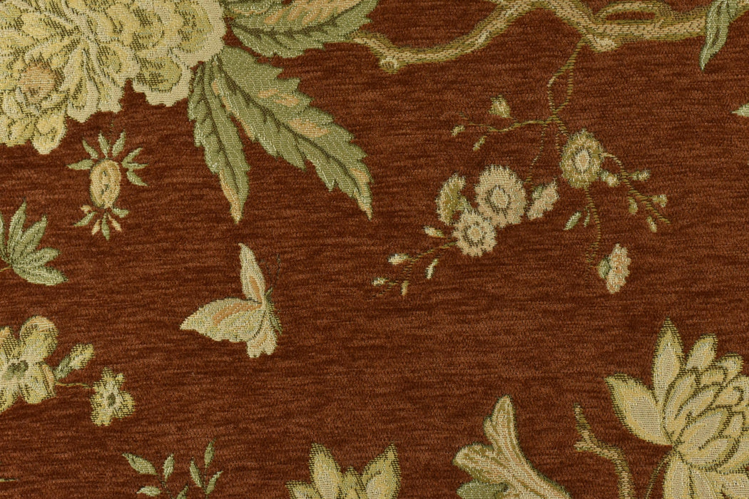 Heavy Weight Mid Century Modern Rust and Green Bird Floral Chenille Upholstery Fabric For Chair|Botanical Animal Flower Furniture Fabric