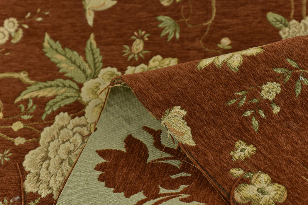 Heavy Weight Mid Century Modern Rust and Green Bird Floral Chenille Upholstery Fabric For Chair|Botanical Animal Flower Furniture Fabric