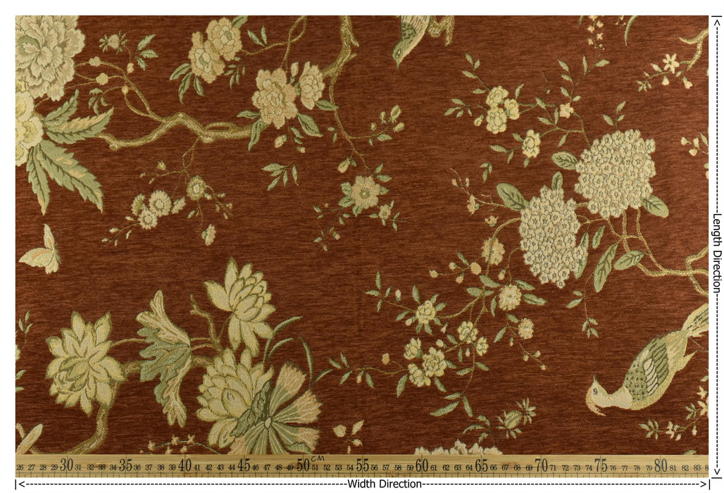 Heavy Weight Mid Century Modern Rust and Green Bird Floral Chenille Upholstery Fabric For Chair|Botanical Animal Flower Furniture Fabric