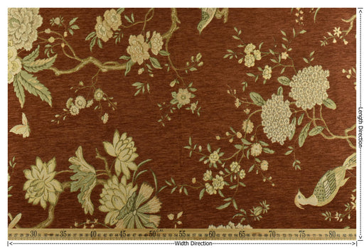 Heavy Weight Mid Century Modern Rust and Green Bird Floral Chenille Upholstery Fabric For Chair|Botanical Animal Flower Furniture Fabric
