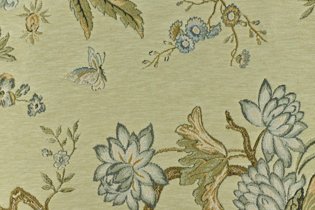 Heavy Weight Mid Century Modern Pale Sage Green Bird Floral Chenille Upholstery Fabric For Chair|Botanical Animal Flower Furniture Fabric