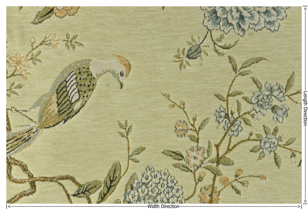 Heavy Weight Mid Century Modern Pale Sage Green Bird Floral Chenille Upholstery Fabric For Chair|Botanical Animal Flower Furniture Fabric