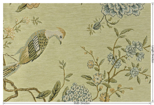 Heavy Weight Mid Century Modern Pale Sage Green Bird Floral Chenille Upholstery Fabric For Chair|Botanical Animal Flower Furniture Fabric
