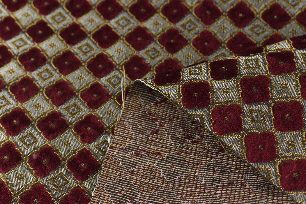 Heavy Weight Luxury Lucky Clover Cut Velvet Jacquard Fabric For Chair Sofa|Red Gold Geometric Furniture Upholstery|Heavy Duty Vintage Fabric