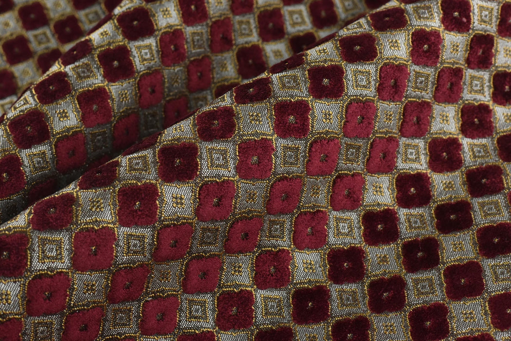 Heavy Weight Luxury Lucky Clover Cut Velvet Jacquard Fabric For Chair Sofa|Red Gold Geometric Furniture Upholstery|Heavy Duty Vintage Fabric